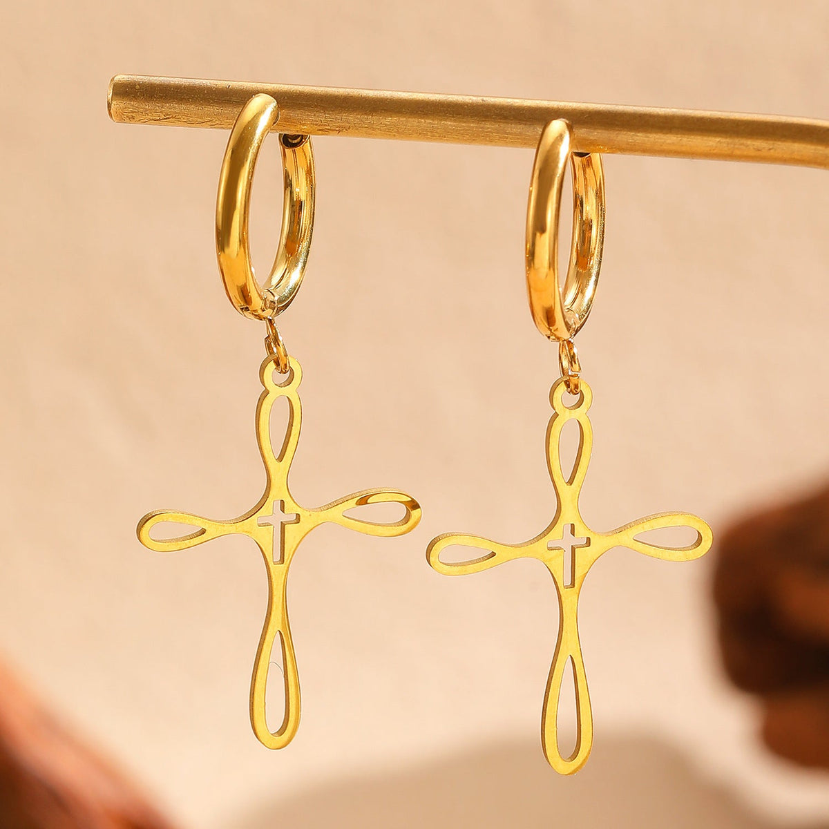 Cross Pendant Stainless Steel Clavicle Chain &amp; Earrings Set Simple Daily Jewelry