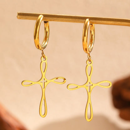 Cross Pendant Stainless Steel Clavicle Chain &amp; Earrings Set Simple Daily Jewelry