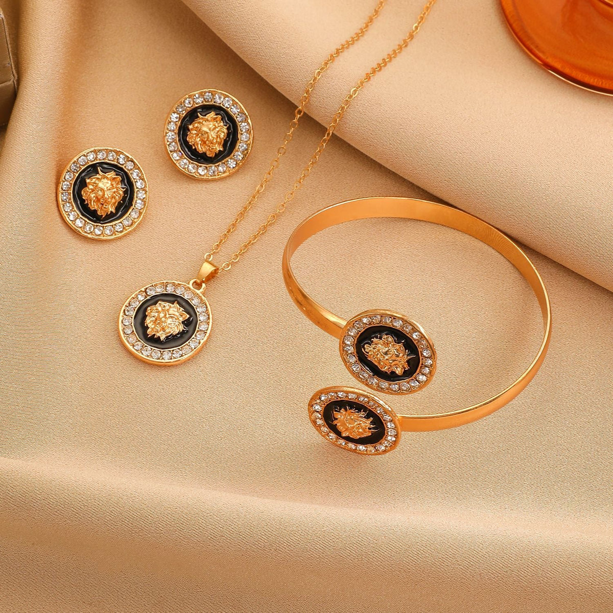 Trendy Lion Head Studs Necklace Ring Set for Women Daily &amp; Party