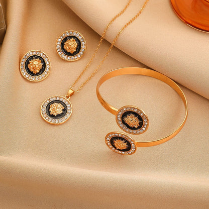 Trendy Lion Head Studs Necklace Ring Set for Women Daily &amp; Party