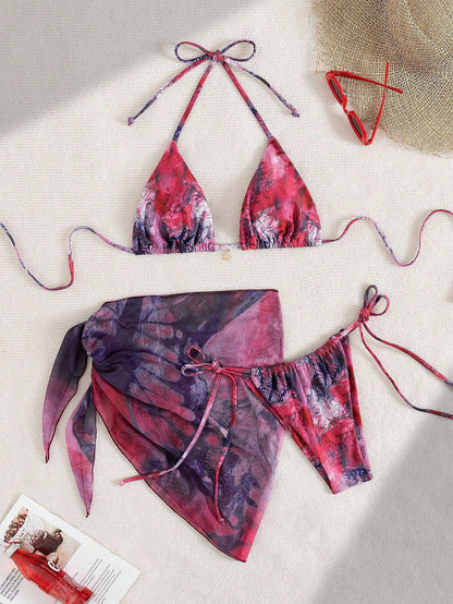 Apron Three Piece Bikini Vintage Print Tie Swimsuit Women&