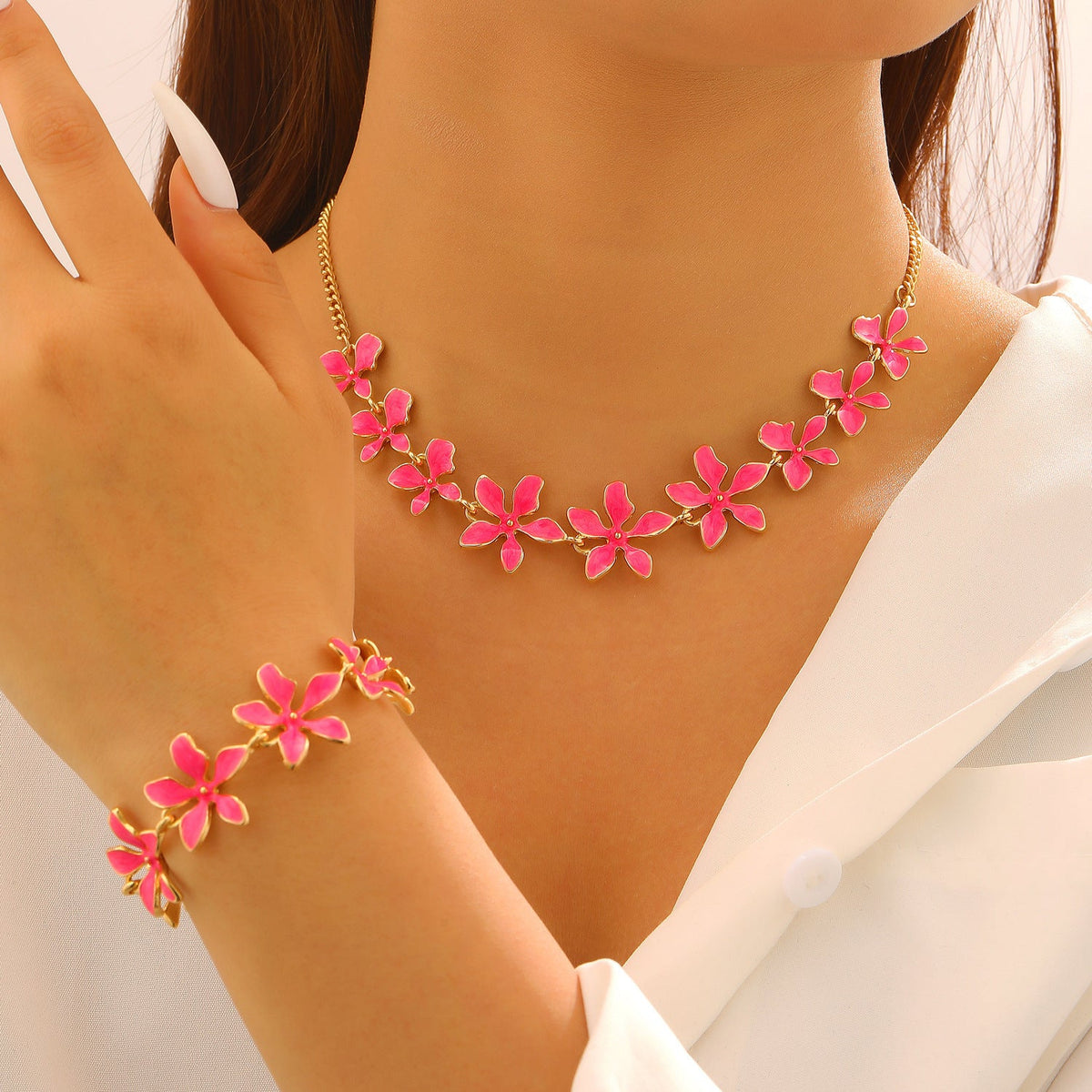Fashion Geometric Flower 3D Vacation Style Necklace &amp; Bracelet Set