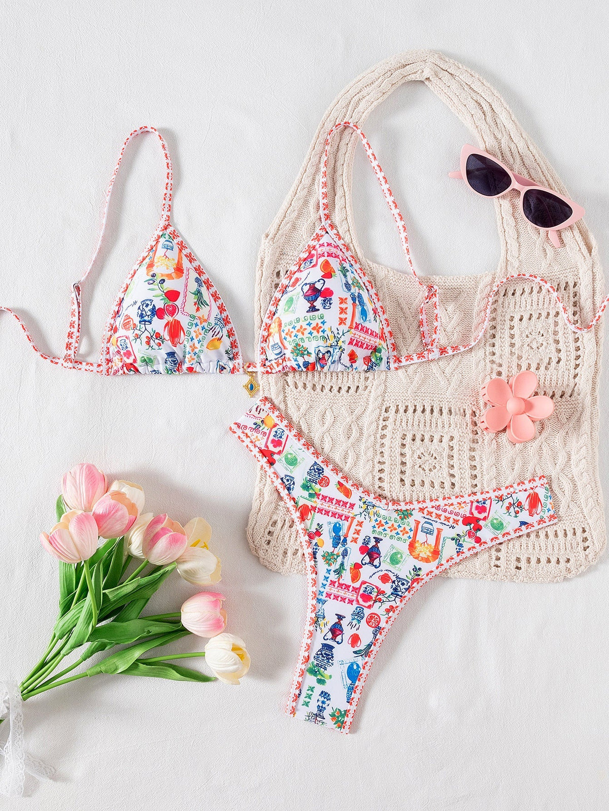 Hemming contrasting print strap sexy bikini split swimsuit Batwing Short Sleeve Shirt W Plants Print