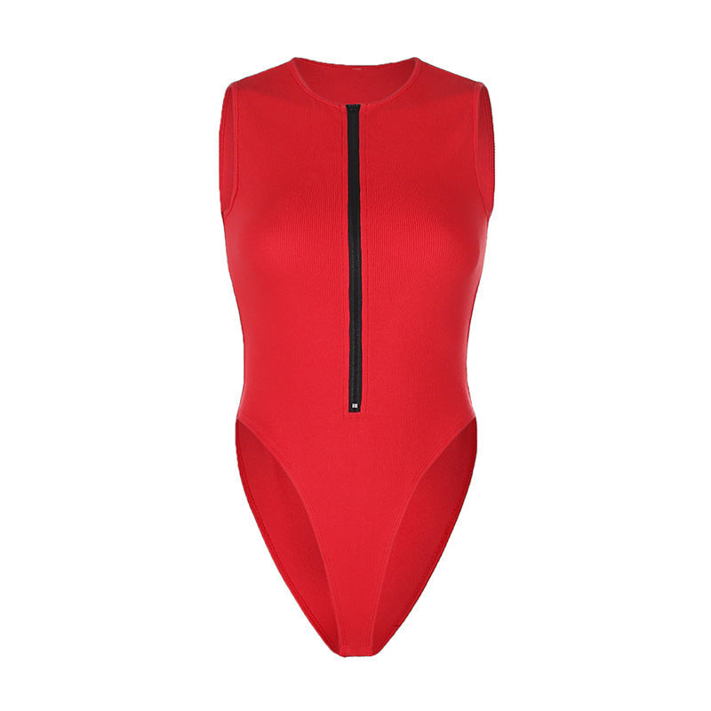Summer Zipper Crew Neck Sleeveless Fashion Sexy Solid Color Versatile Cool Bodysuit Women&