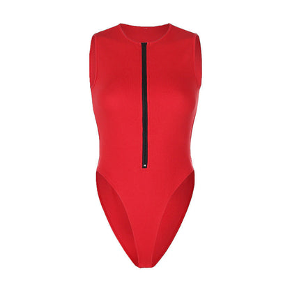 Summer Zipper Crew Neck Sleeveless Fashion Sexy Solid Color Versatile Cool Bodysuit Women&