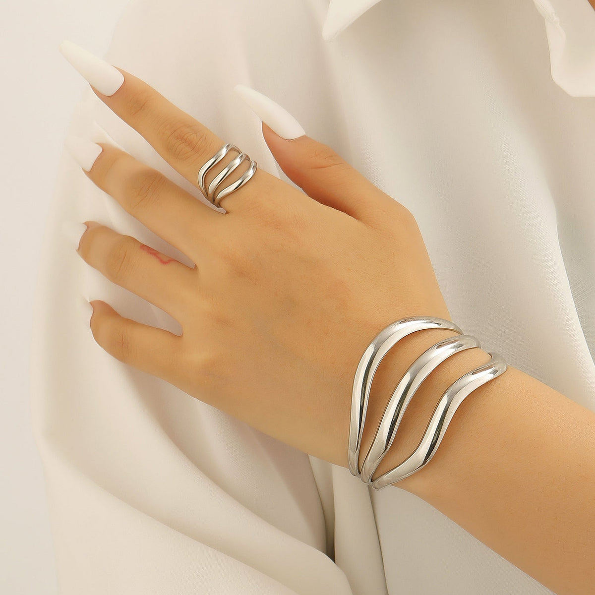 Exaggerated Vintage Stainless Steel Multi-Layer Wavy Ring &amp; Bangle Set Party Banquet