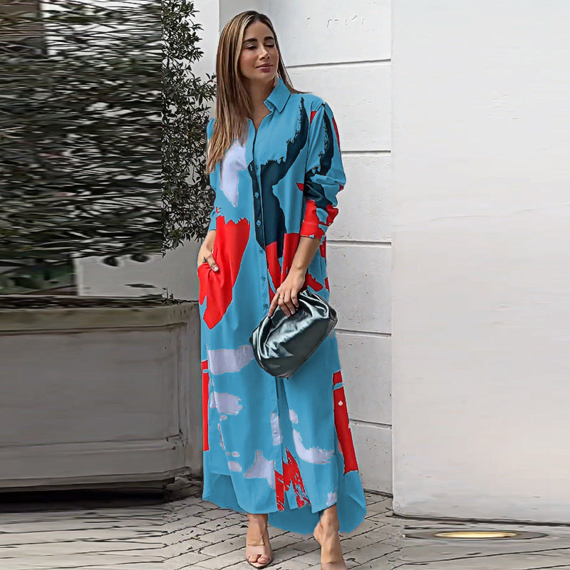 Autumn Printed Shirt Collar Loose Waist Dress Women