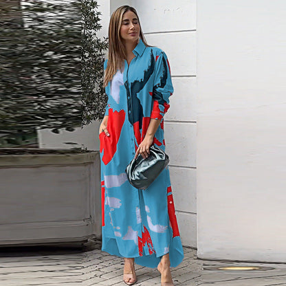 Autumn Printed Shirt Collar Loose Waist Dress Women