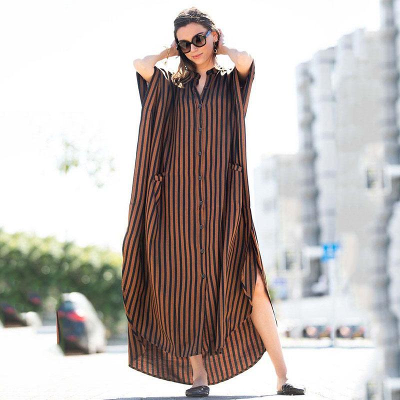 Black &amp; Brown Striped Beach Robe ¨C Sexy Single-Breasted Bikini Cover-Up, Vacation Kimono