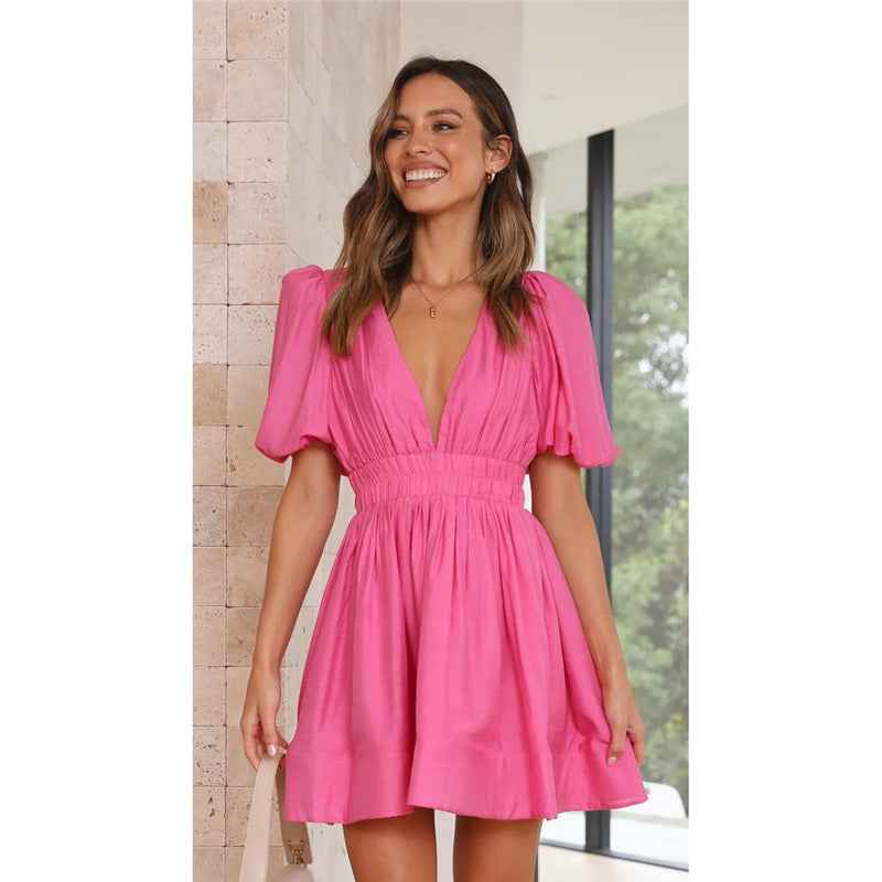 Deep v Waist Skinny Pleated Bubble Sleeve Dress Lantern Sleeve Bridesmaid