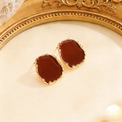 Vintage Irregular Square Red Black Glazed Ring &amp; Earrings Set Women Jewelry