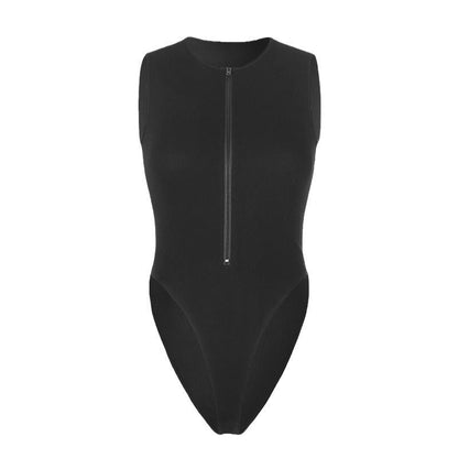 Summer Zipper Crew Neck Sleeveless Fashion Sexy Solid Color Versatile Cool Bodysuit Women&