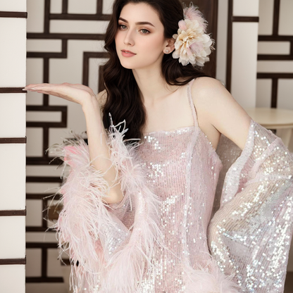 Blush Pink Sequin and Ostrich Feather Long Robe Set – Glamorous Elegance