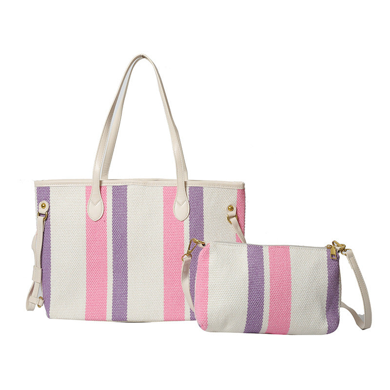 Canvas Striped Letter Print Tote – Large Shoulder &amp; Crossbody Bag, Trendy Versatile Shopper