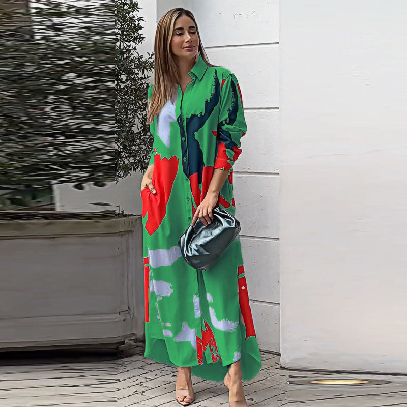 Autumn Printed Shirt Collar Loose Waist Dress Women