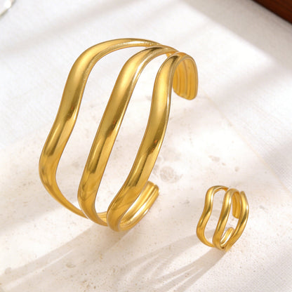 Exaggerated Vintage Stainless Steel Multi-Layer Wavy Ring &amp; Bangle Set Party Banquet