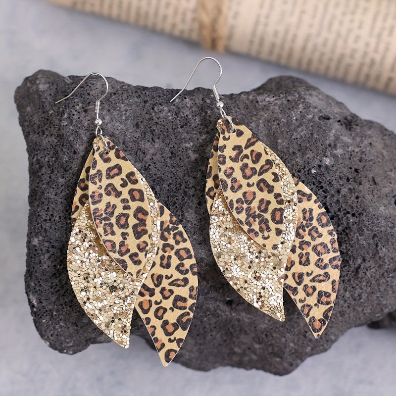 Bohemian Geometric Drop Earrings - Lightweight Faux Leather Leaf Design with Double-Sided Color &amp; Triple Tassel Fringe