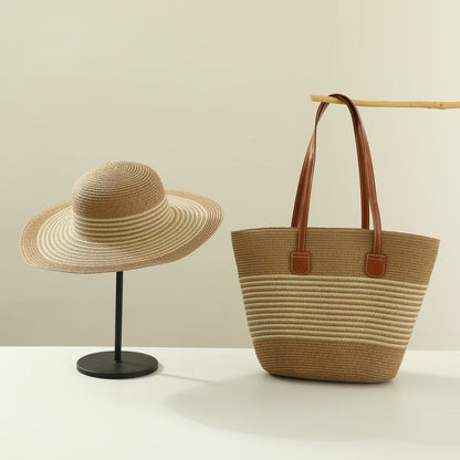 Straw Hat &amp; Tote Two-Piece Set – Wide-Brim Beach Duo, Large Capacity Striped Vacation Kit
