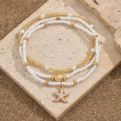 Starfish shell millet beaded anklet three-layer set