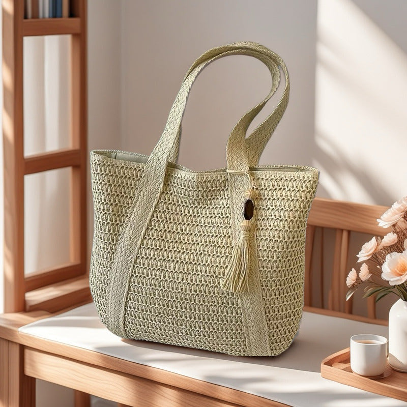 Wooden Bead Tassel Handwoven Bag – Large Straw Tote, Vacation Beach Shoulder &amp; Hand Purse