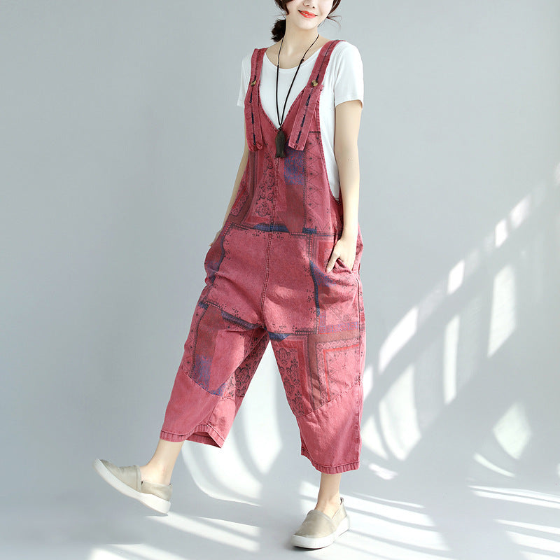 Printed Denim Suspender Pants with Worn-Out Look