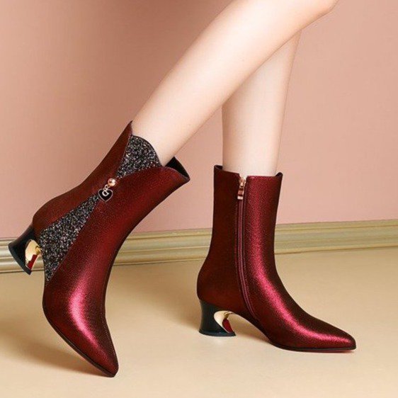 Leather Coarse Heel Pointed Short Boots Women&