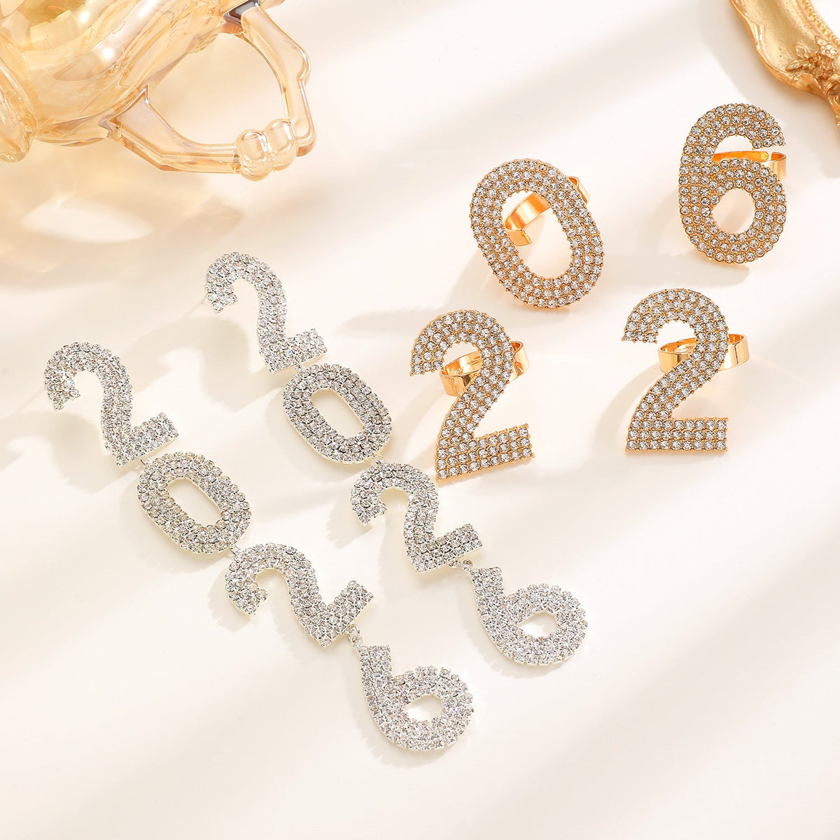 Zircon Inlaid Number Tassel Earrings &amp; Ring Set Luxury Party Jewelry