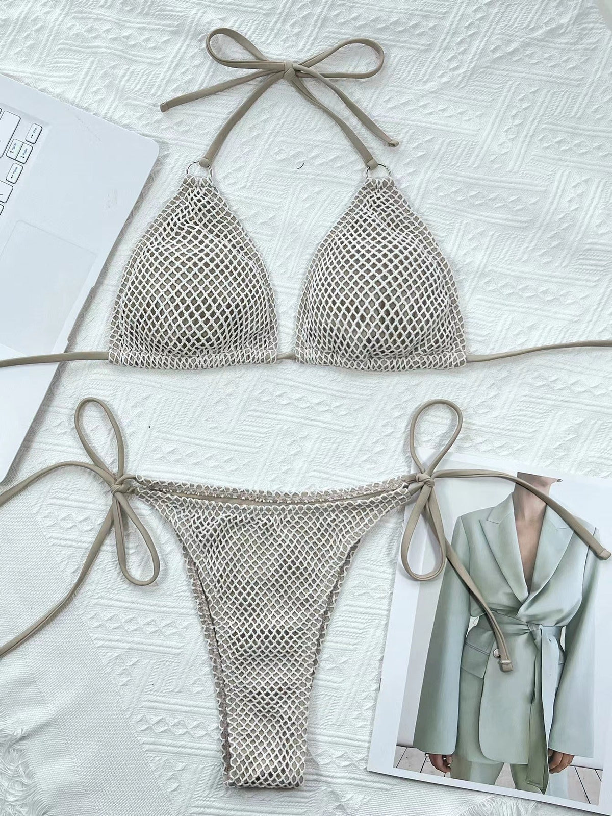 Mesh Fabric Solid Color Split Bikini Swimsuit, Stylish Sexy Beach Hot Spring Resort Swimsuit Swim Hollow Out Halter Bikini Swimsuit