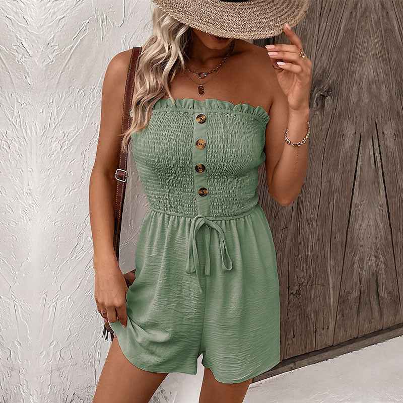 Summer Casual Vacation Solid Color Jumpsuit Design Sense Elastic Tube Top Jumpsuit Shorts Belted Wide Leg Jumpsuit With Button