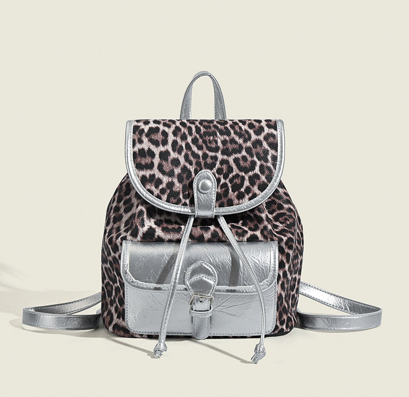 Retro contrasting leopard print backpack, women&