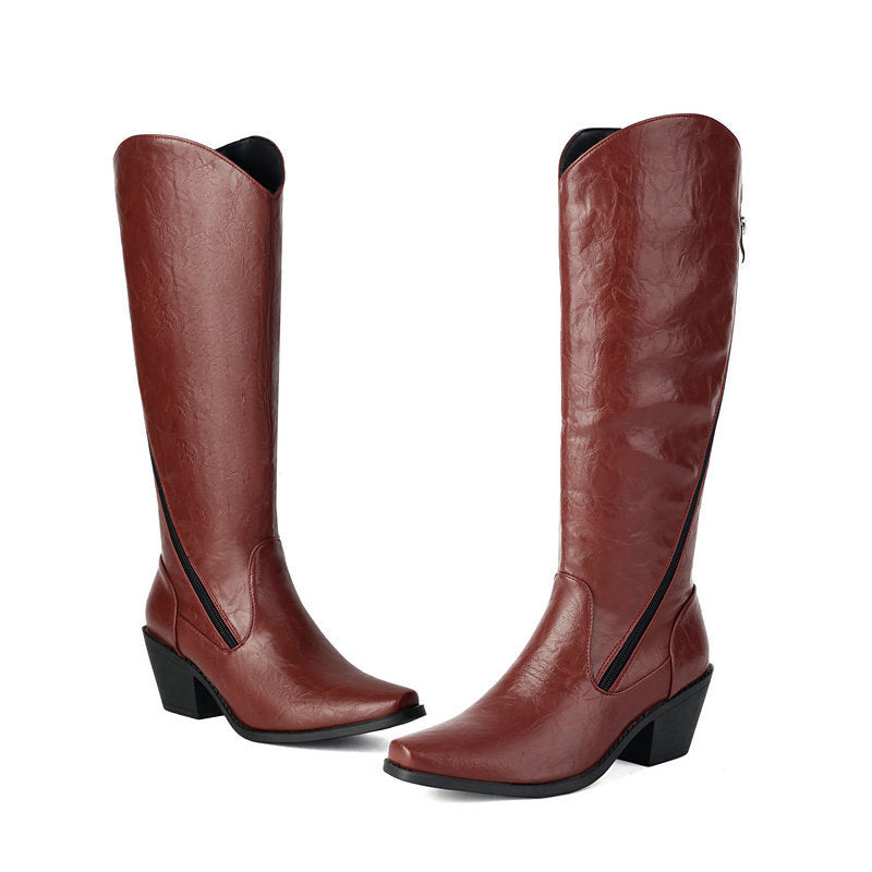 Chunky Heel Leather Martin Knee Boots | Big Sizes up to US16