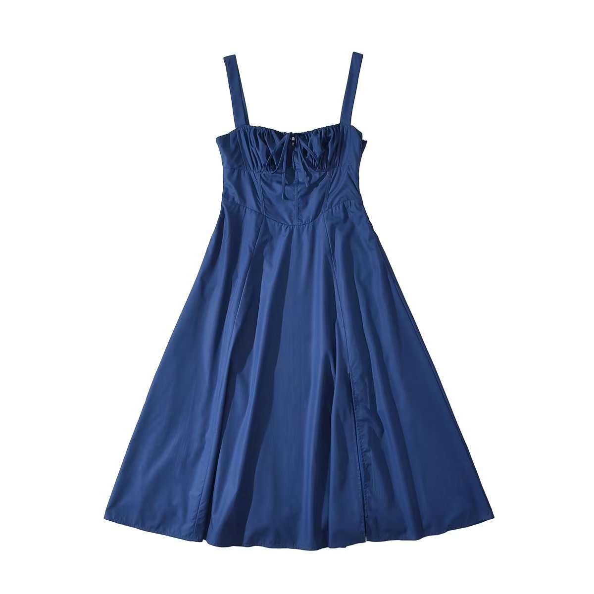 Square Neck Bustier Midi Dress - Low Cut Sleeveless Swing Sundress with Lace Trim &amp; Spaghetti Straps