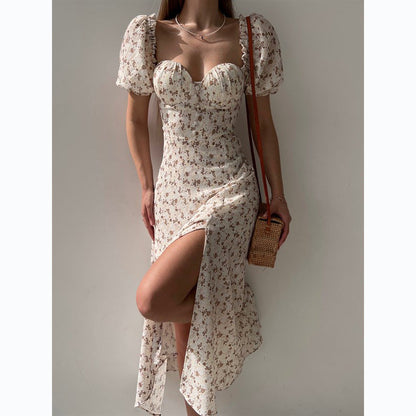 Sleeveless Floral Print Maxi Dress - Strapless Square Neck with High Slit &amp; Waist Emphasis