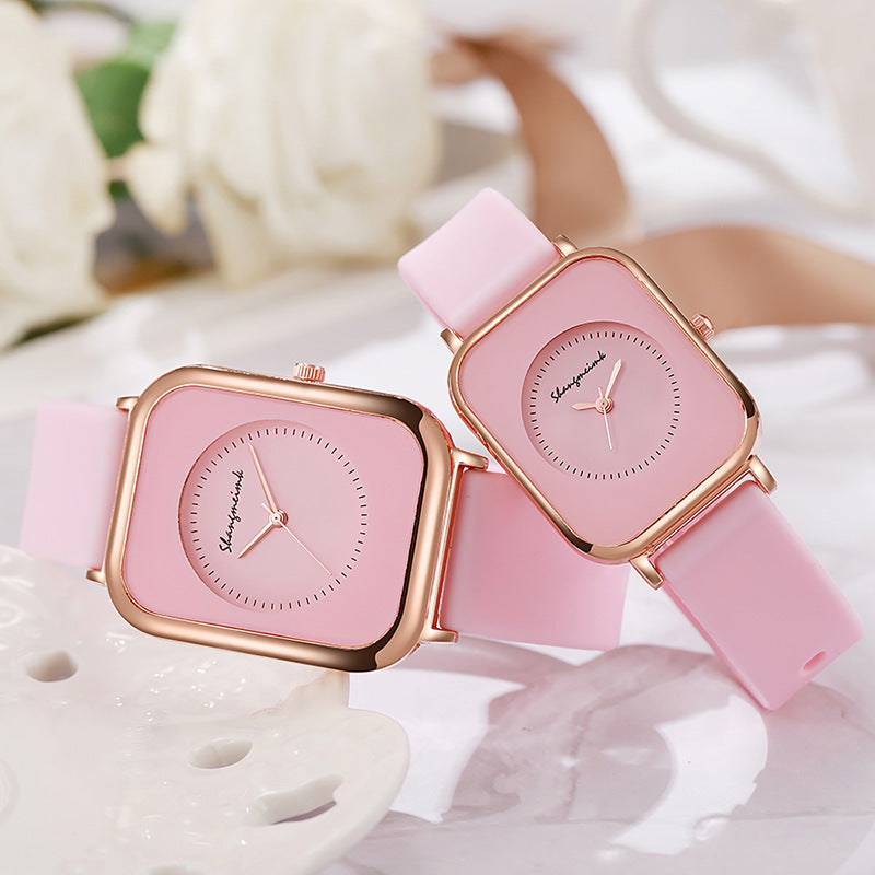 Casual square-shaped, elegant quartz silicone strap student watches.