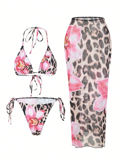 Apron Three Piece Bikini Vintage Print Long Skirt Swimsuit Women&