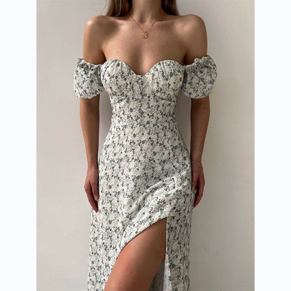 Sleeveless Floral Print Maxi Dress - Strapless Square Neck with High Slit &amp; Waist Emphasis