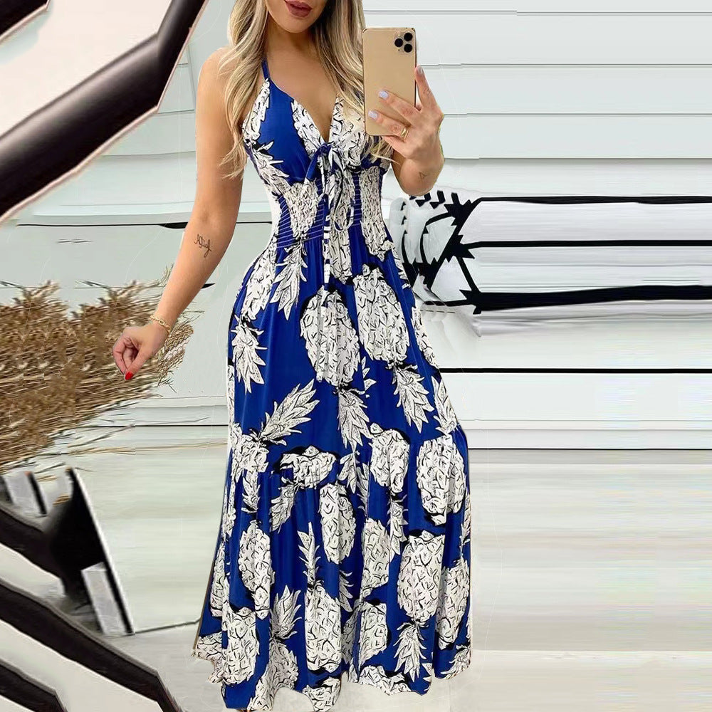 Summer Bustier Spaghetti Strap High Waist Printed Maxi Dress Sexy Women&