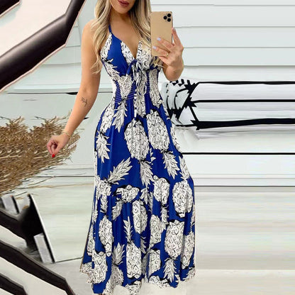 Summer Bustier Spaghetti Strap High Waist Printed Maxi Dress Sexy Women&