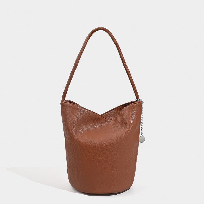 Retro soft leather bucket bag, women&