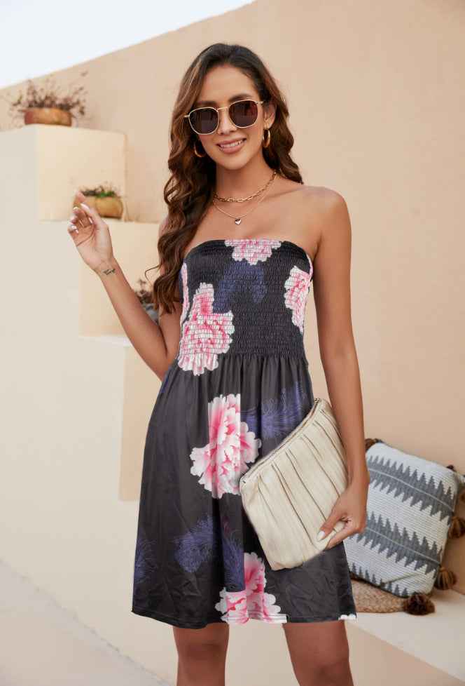 Beach Dress Floral Medium and Long Dress Bohemian Strapless Printed Chest Wrap Skirt