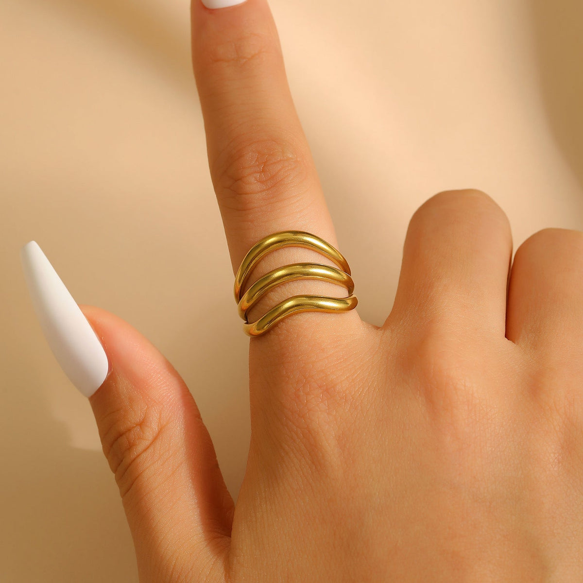 Exaggerated Vintage Stainless Steel Multi-Layer Wavy Ring &amp; Bangle Set Party Banquet