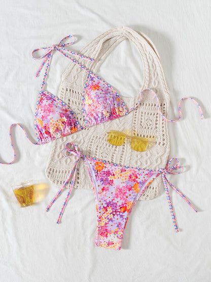Contrasting Print Strap Sexy Bikini Split Swimsuit Batwing Short Sleeve Shirt W Plants Print