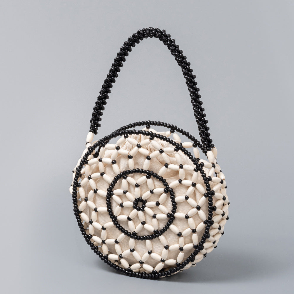 Small round wooden bead bag, hand-woven bag, women&