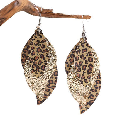 Bohemian Geometric Drop Earrings - Lightweight Faux Leather Leaf Design with Double-Sided Color &amp; Triple Tassel Fringe
