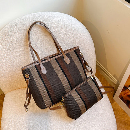 Canvas Striped Letter Print Tote – Large Shoulder &amp; Crossbody Bag, Trendy Versatile Shopper
