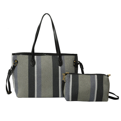 Canvas Striped Letter Print Tote – Large Shoulder &amp; Crossbody Bag, Trendy Versatile Shopper