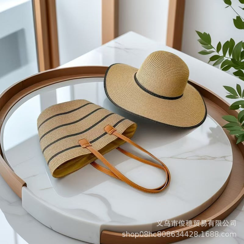 Straw Hat &amp; Tote Set – Beach Vacation Sun Protection Duo, Large Capacity Travel Tote