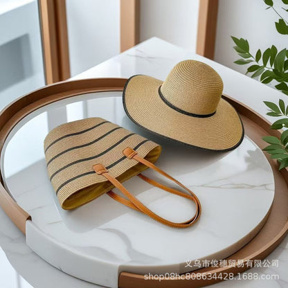 Straw Hat &amp; Tote Set – Beach Vacation Sun Protection Duo, Large Capacity Travel Tote