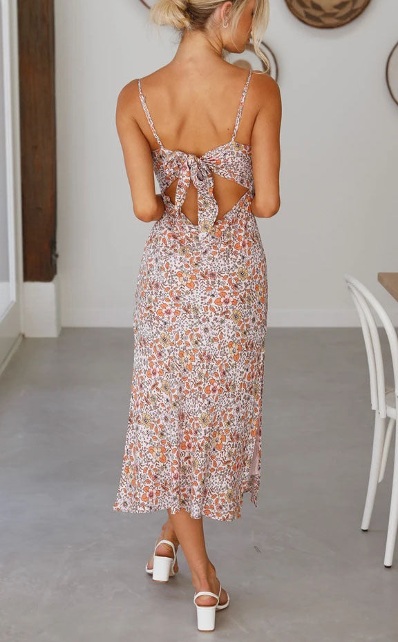 Floral Deep V Suspender Split Dress - Women&