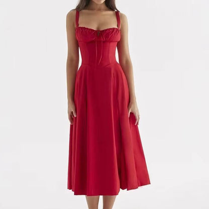 Square Neck Bustier Midi Dress - Low Cut Sleeveless Swing Sundress with Lace Trim &amp; Spaghetti Straps